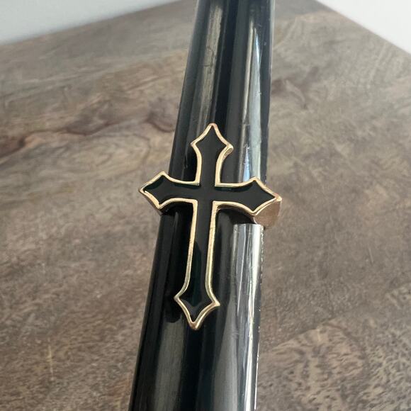 Black Enamel Gothic Cross Ring on Gold Tone Band - Size 8 - Picture 2 of 5
